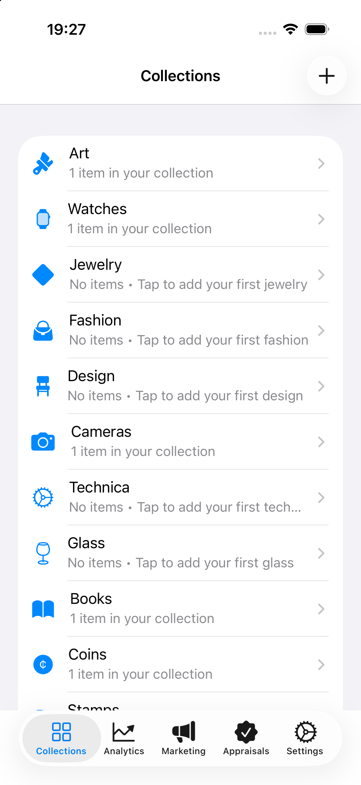 The Heritage Vault Collections screen, listing categories such as Art, Watches and Jewellery with item counts.