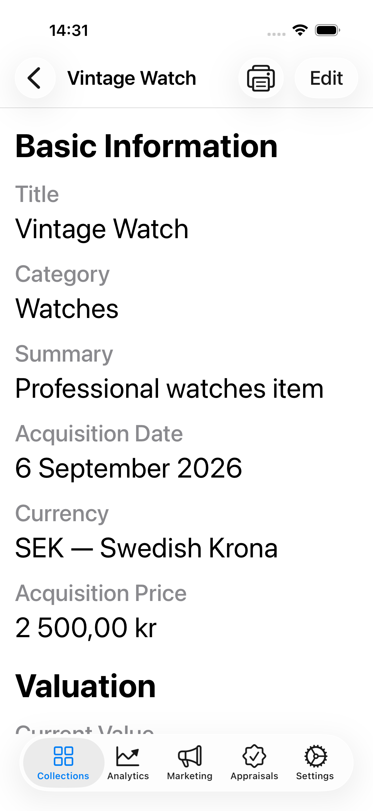 An item in Heritage Vault showing its title, category, currency and acquisition price in Swedish kronor.